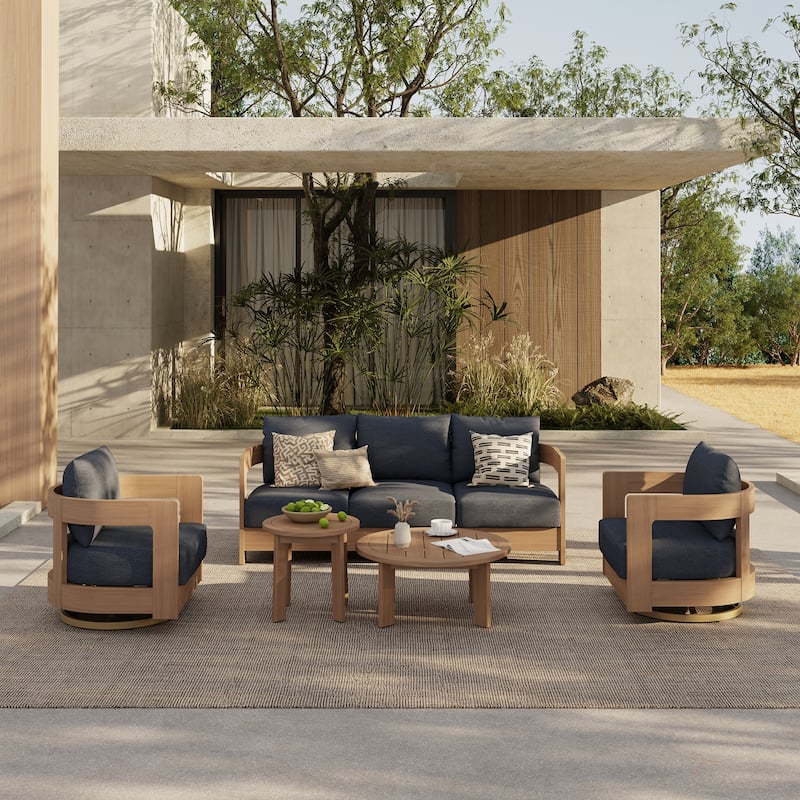 Outdoor 5-Piece Conversation Set Sofa and Swivel Chair with Coffee Table in Eucalyptus Wood - Black