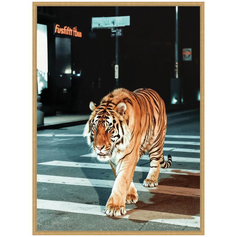 Kate and Laurel Sylvie Tiger in the City at Night 2 Framed Canvas by Michael Schauer