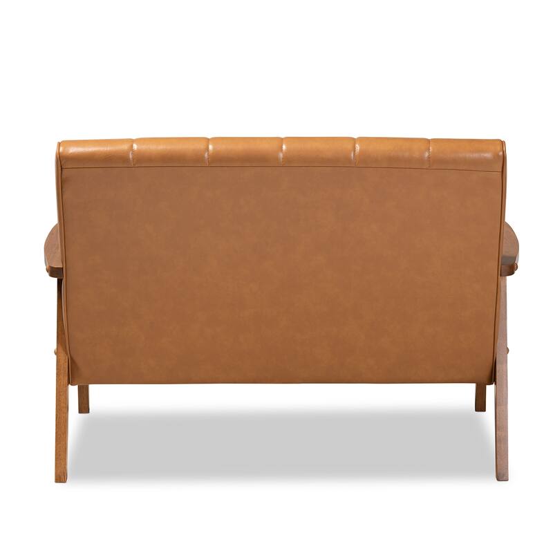 NikkoTan Faux Leather and Walnut Brown finished Wood Loveseat