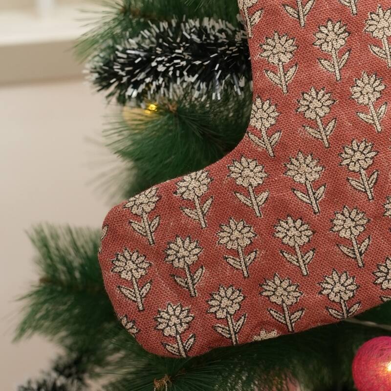 Fabdivine Hand Block Floral Print Christmas Knit Stockings, Home Decorative Gift Use - 16"X6.5" - Pankhudi- Brick Red - Christmas Stockings