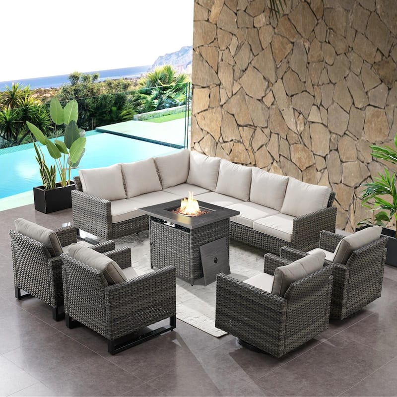 Fire Pit Table with Patio Sofa Swivel Chair Sets - Grey - Beige