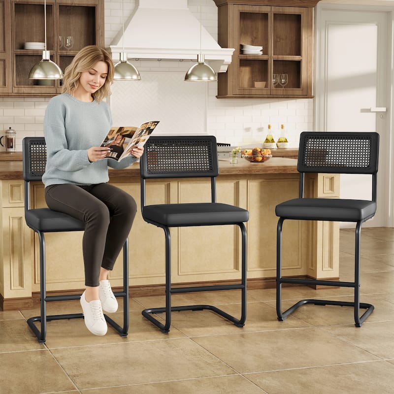 Set of 3 Counter Height Bar Stools with Woven Rattan Back and Footrest for Kitchen Island - 26" H