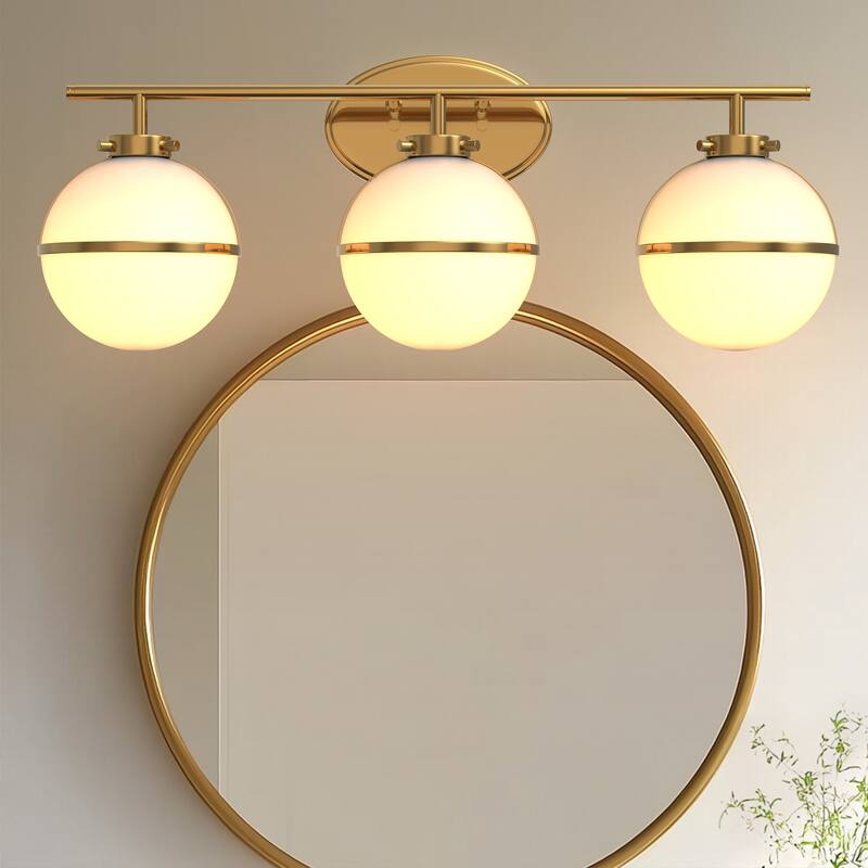 YANSUN 3-Light Gold Industrial Vanity Light with Round Frosted Milk Glass Shades