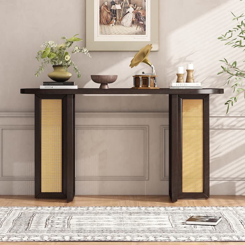 Acacia Veneer Rattan Console Table Narrow Hallway Tables with Oval Table Top, Entryway Table with Storage Drawers Brown