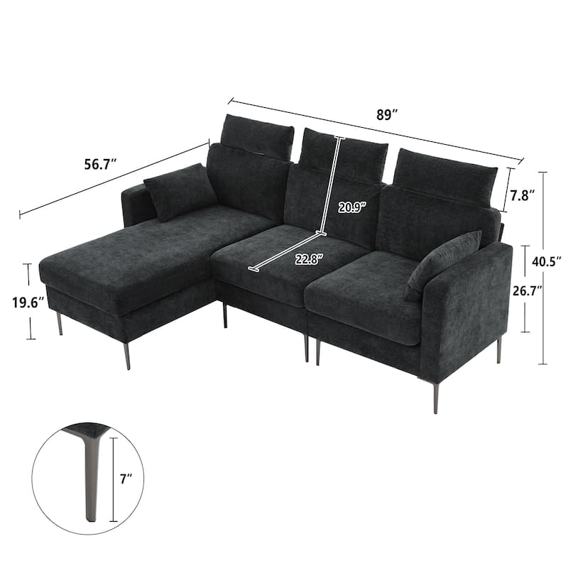 89" Chenille Sectional Sofa Couch With Extra Wide Chaise For Livingroom