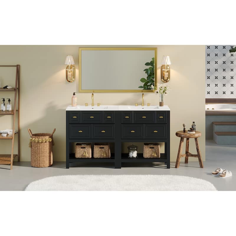 60'' Bathroom Vanity With Ceramic Sink Combo, Free Standing Single Vanity Set With 5 Drawers,Solid Wood FrameStorage Cabinet