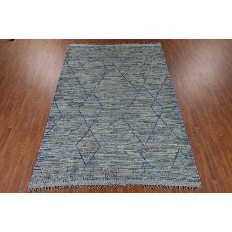 Moroccan Oriental Area Rug Hand-Knotted Blue Wool Carpet - 8'9" x 12'9"