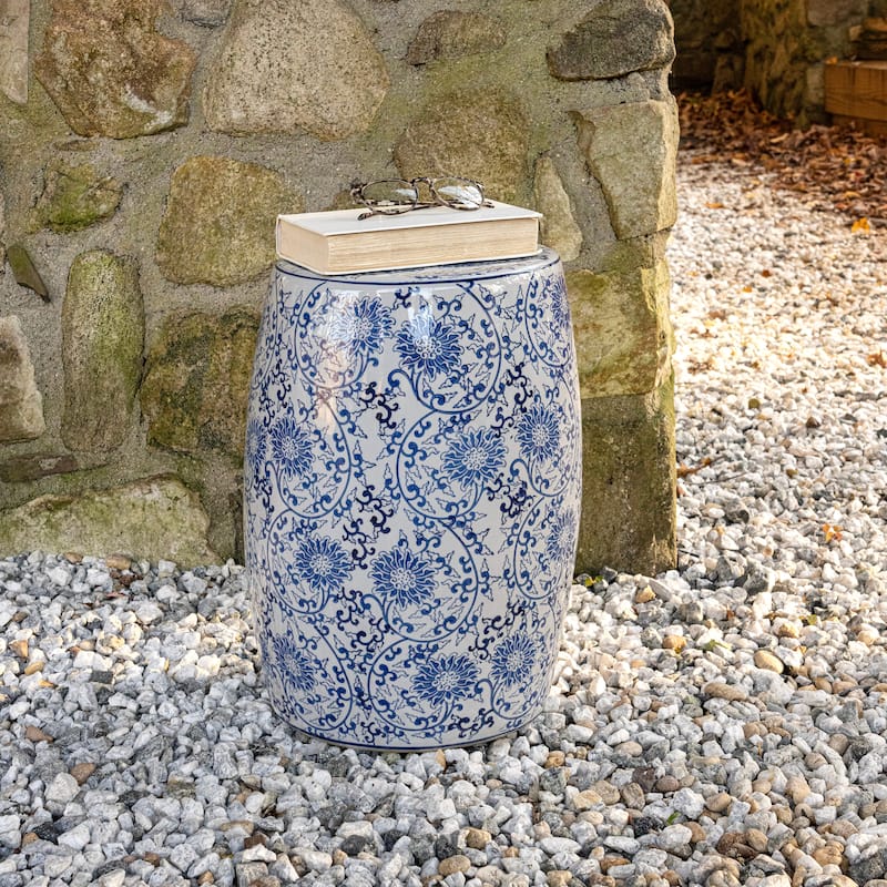 Lotus Blossom 17.5" Chinoiserie Ceramic Drum Garden Stool, Blue/White