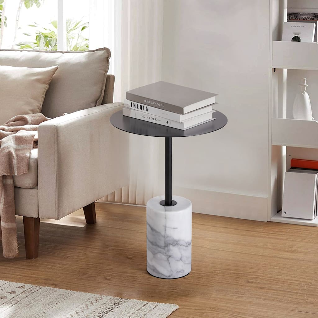 Round End Table with Marble Base, Circular Accent Living Room or Bedside Side Table