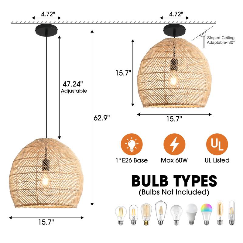 1-Light Coastal Style Brown Hand-Woven Rattan Cloche Hanging Pendant Light - 15.7" W x 62.9" H