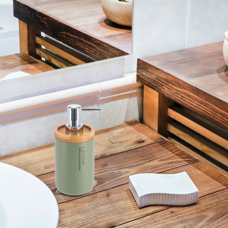 Elegant Soap Dispenser - Polyresin and Bamboo Design, Refillable Liquid Pump - 3 L x 3 W X 7 h