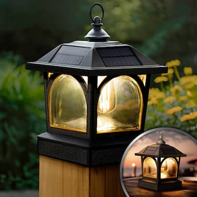 LED Lighted Solar Powered Aluminum Outdoor Post Cap - 14.25" - Black
