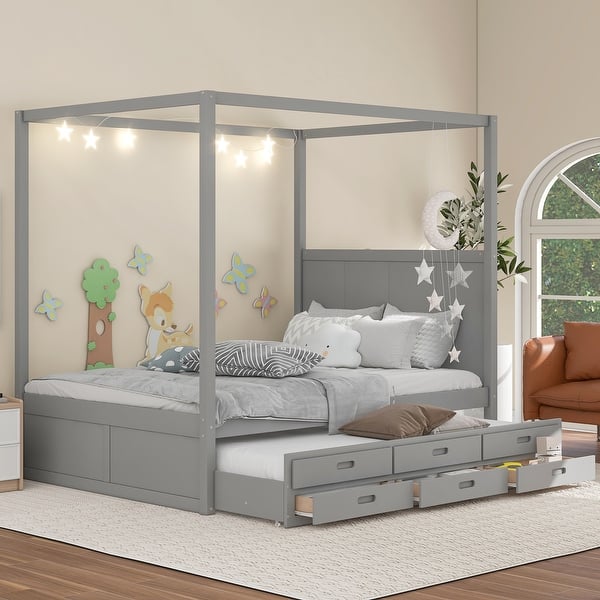 slide 2 of 15, Queen Canopy Platform Kids Bed with Twin Trundle, 3-Storage Drawers, Solid Pine Frame, Canopy Roof for Curtains or Lights, Grey Grey