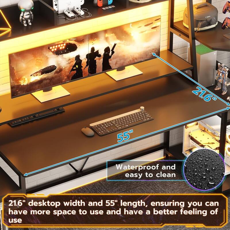 Gaming Desk with Storage Shelves and LED Lights