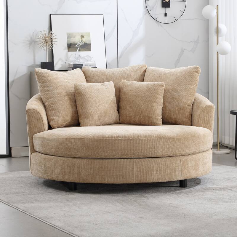 Modern Sofa Chair Round Accent Barrel Chair With 5 Pillows and Storage Ottoman