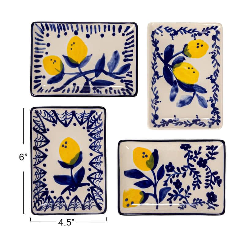 Stoneware Plate with 4 Lemon Designs - 6.0"L x 4.4"W x 0.8"H