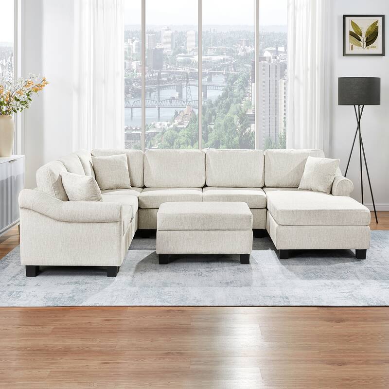 111.8" U-shaped Chenille Sofa with Storage Ottoman, White