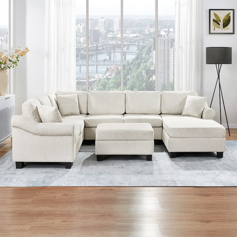 Sectional Sofa 111.8" U-shaped Sofa, Chenille Upholstered Sofa Couch with Movable Storage Ottoman for Living Room