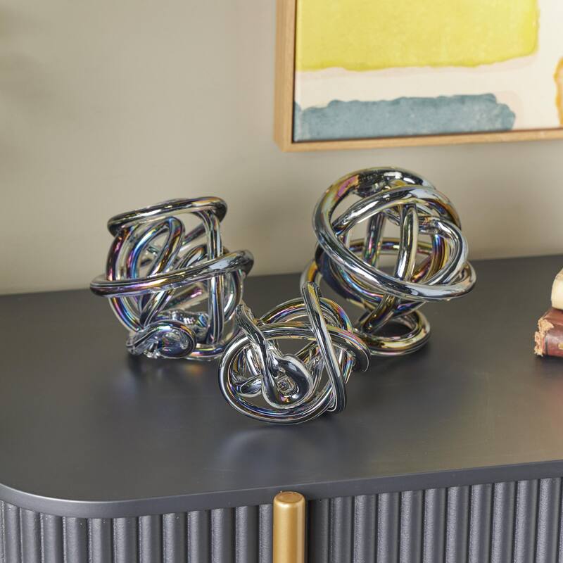 Glass Abstract Handmade Iridescent Knotted Ball Sculpture - Set of 3 Dark Gray, Black or Clear - Roche River Decor