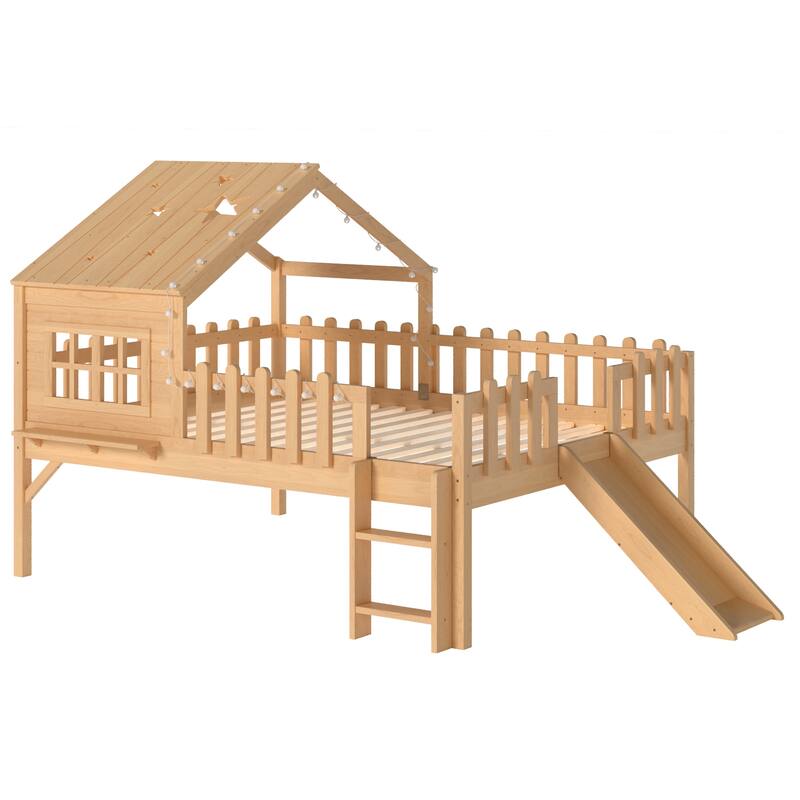 Full Size House Loft Bed with Slide,Playhouse Bed with Star Moon-shaped Designs and Window, Chic Design with LED Lights
