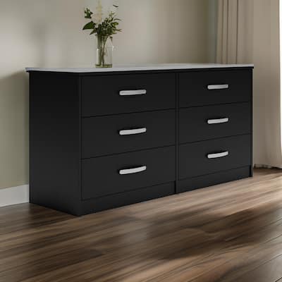Finny Wide Dresser, 6 Drawers, Matte Black, Silver Metal, 59 Inch