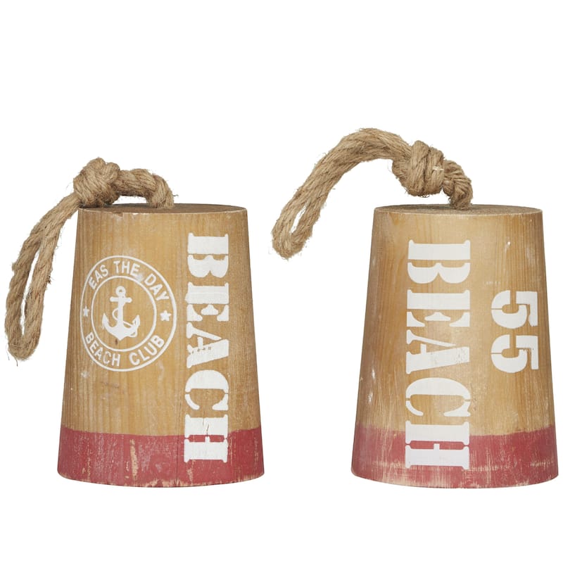 Wood Buoy Door Stopper Decorative Sculpture with Rope Accents - Set of 2 Brown - Roche River Decor - Brown - 5"W, 8"H