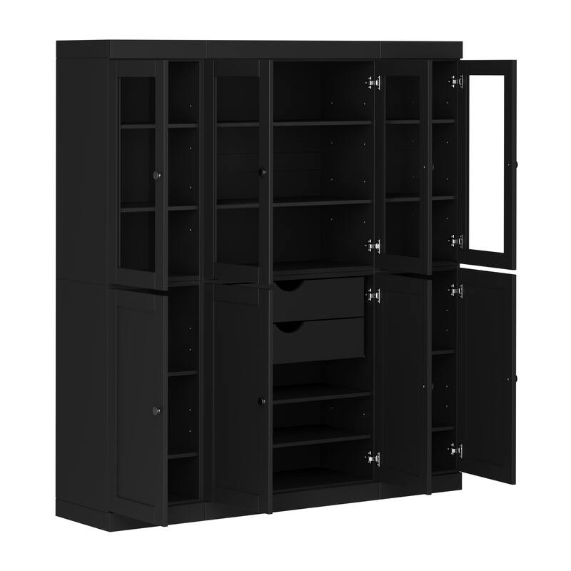 Palace Imports 100% Solid Wood 65" Pantry Cabinet with Clear Glass, Shaker Doors, 2-Drawers and Adjustable Shelves
