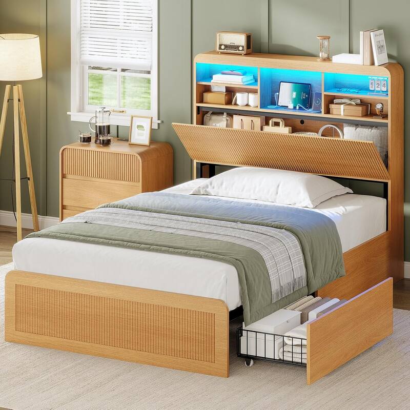 Bed Frame with 4 Storage Drawers and Hidden Storage Headboard Charging Station