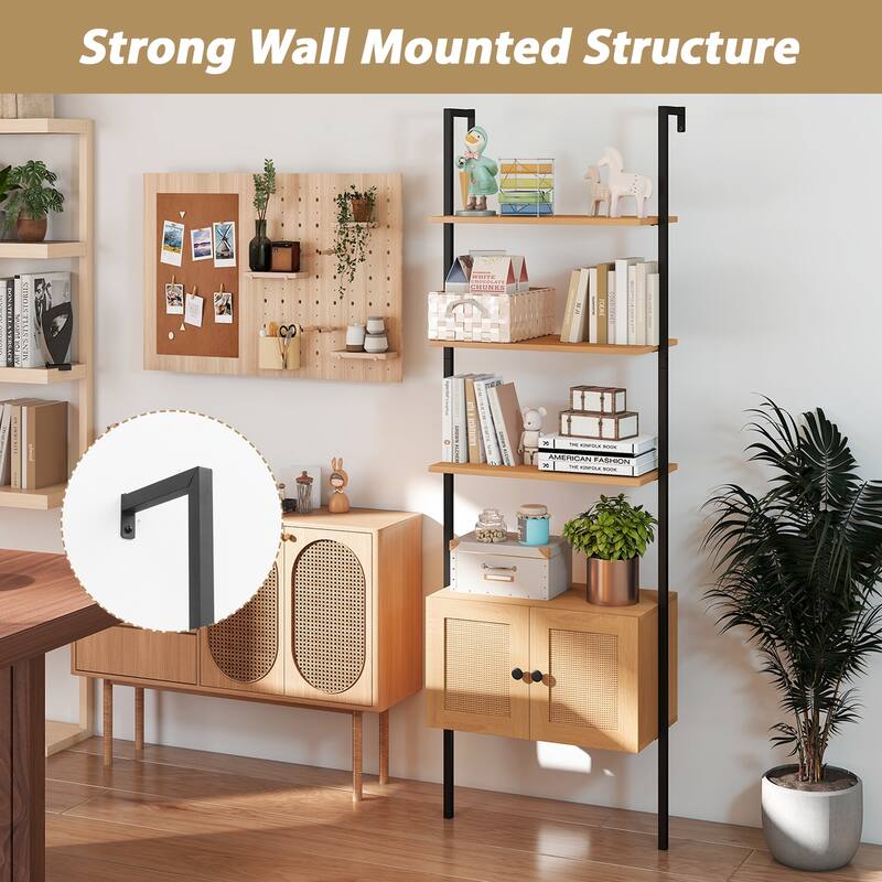 Gymax Wall-Mounted Ladder Shelf 5-tier Bookshelf w/ Rattan-Door