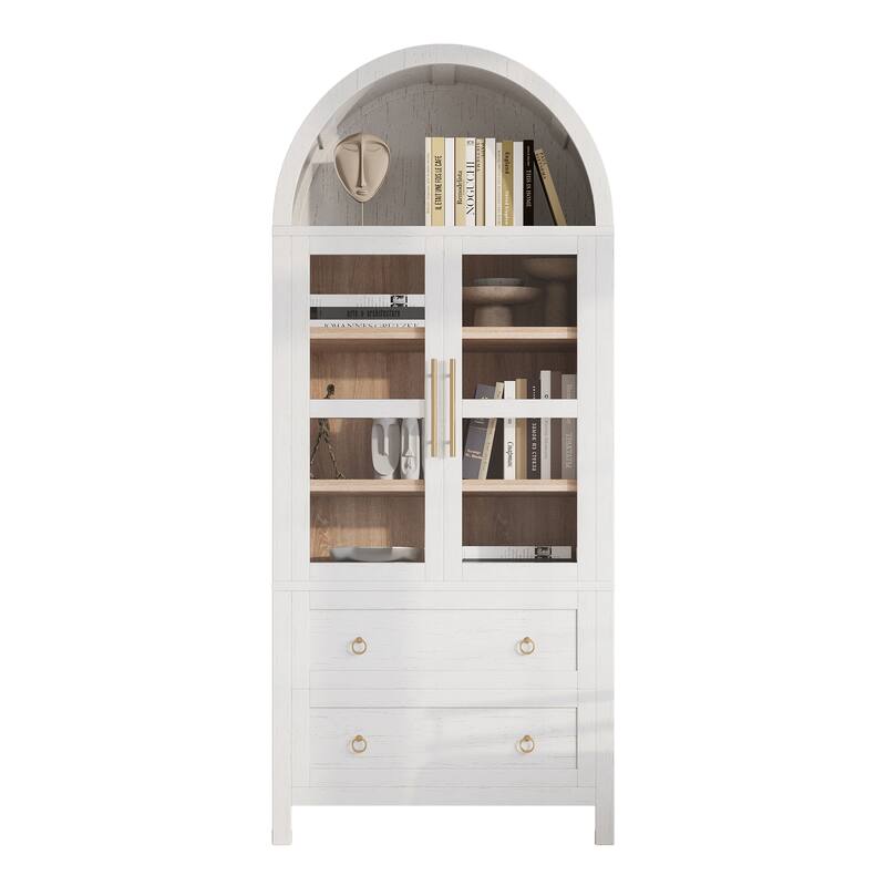 Arched Pantry Cabinet with 2 Drawers, Multifunctional Wooden Sideboard, Storage Cabinet with Adjustable Shelves & Glass Door