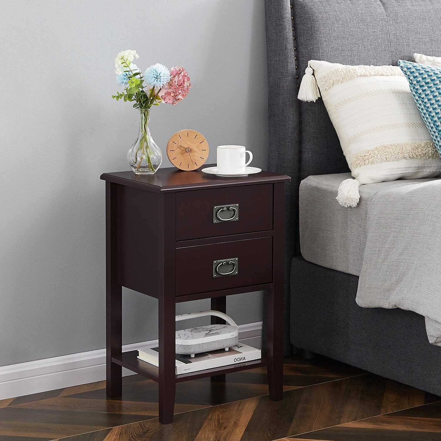 Javlergo Wood Nightstand with 2-Drawer and Storage Shelf