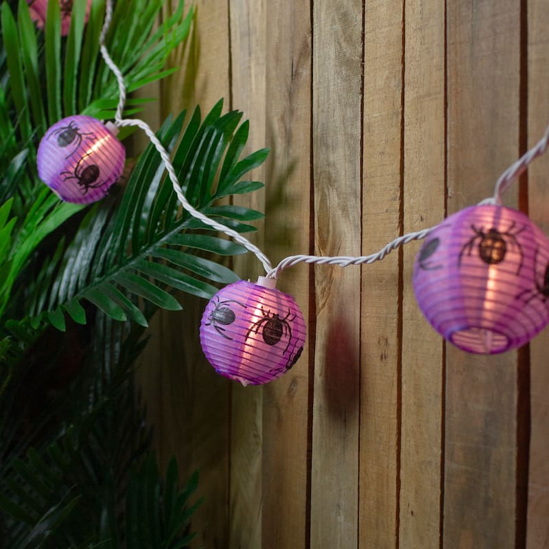 10 Purple Black Spider Paper Lantern Halloween Lights 8.5ft White Wire