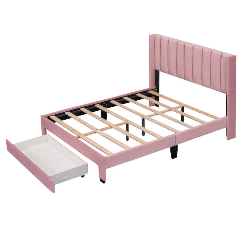 Velvet Upholstered Platform Bed with a Big Drawer,Full/Queen Size