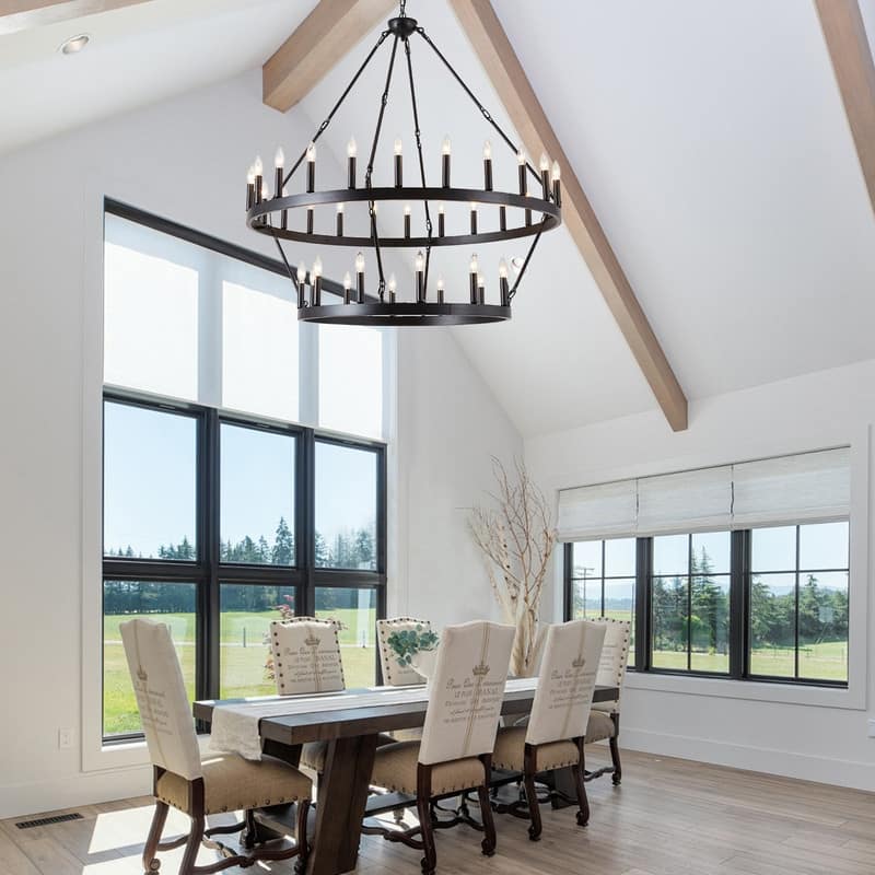 Large Modern Farmhouse Candle Chandeliers 2 Tier Black Wagon Wheel Chandeliers