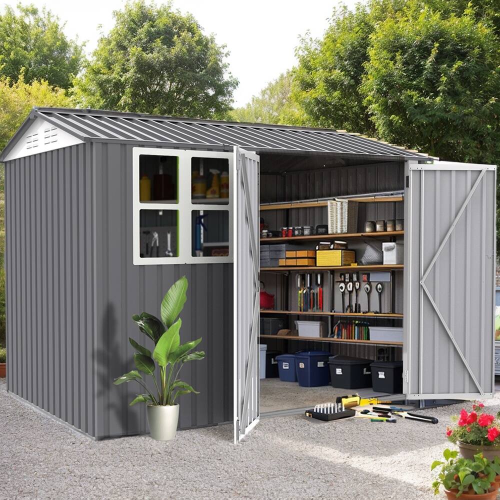 Metal Outdoor Storage Shed Window & Double Hinged Lockable Doors - 6x8FT
