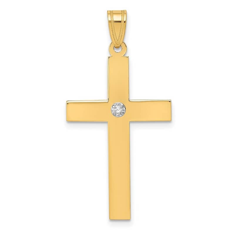 Curata 14k Yellow Gold Solid Prong set Flat back Polished back Polished .02ct. Diamond Cross Pendant