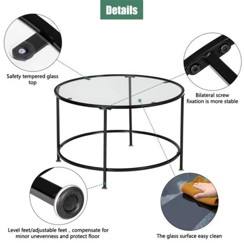 2 Layers 5mm Thick Tempered Glass Countertops Round Wrought Iron Coffee Table - Black - 25.98"L x 25.98"W x 16.53"H