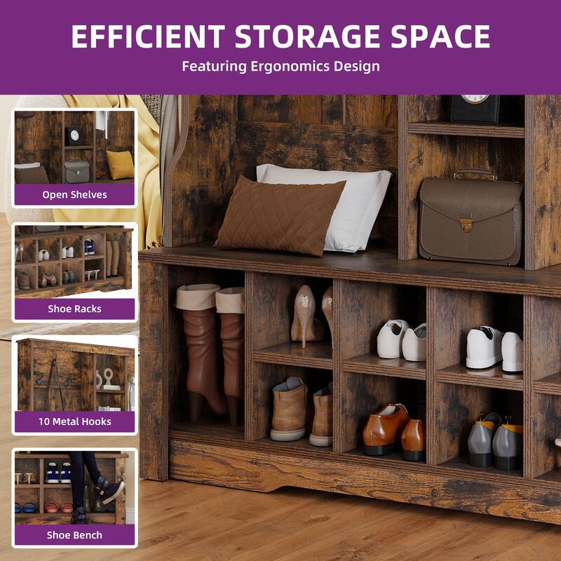 Moasis 39"/59" Farmhouse Hall Tree Bench Shoe Storage Coat Rack for Entryway with Adjustable Shelf