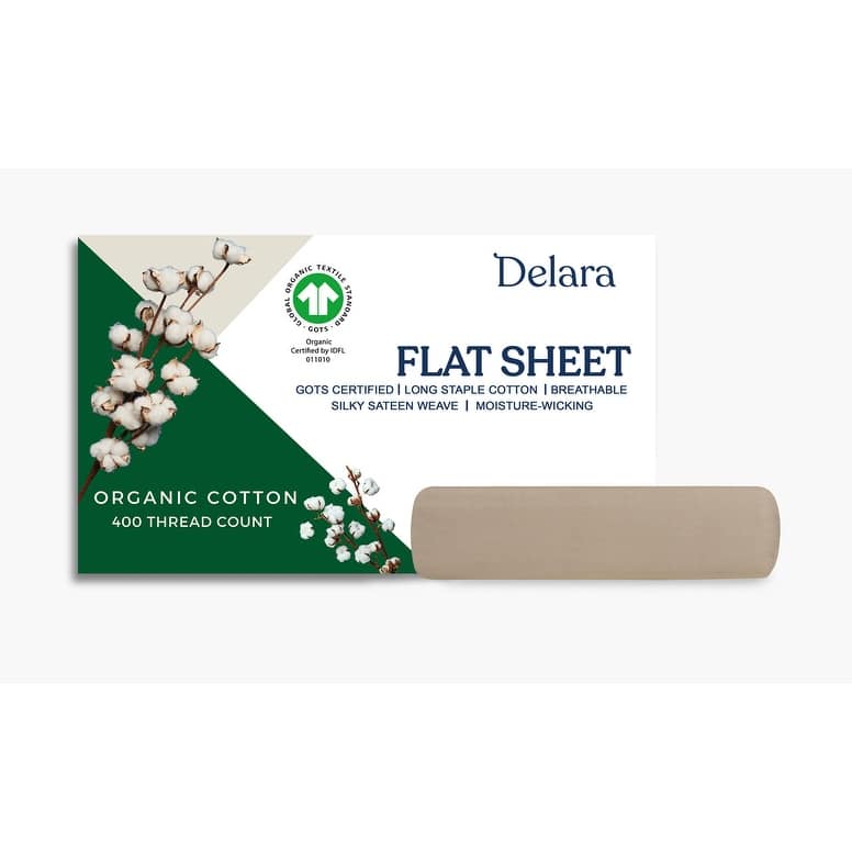 Delara GOTS Certified 100% Organic Cotton Flat sheet, 400TC Long Staple Cotton, Ultra Soft, Moisture-Wicking,Smooth & Breathable