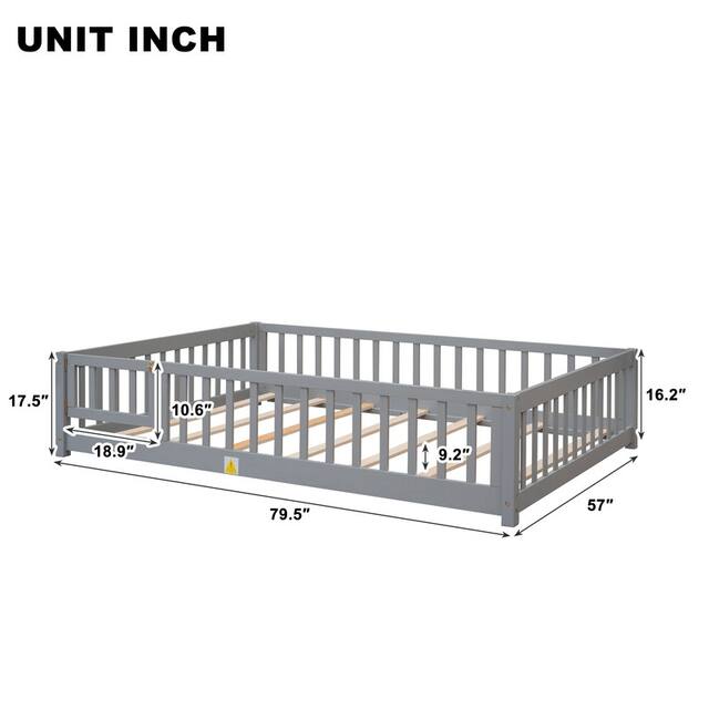 Twin/Full/Queen size Floor Platform Bed with Fence and Door for Kids, Toddlers