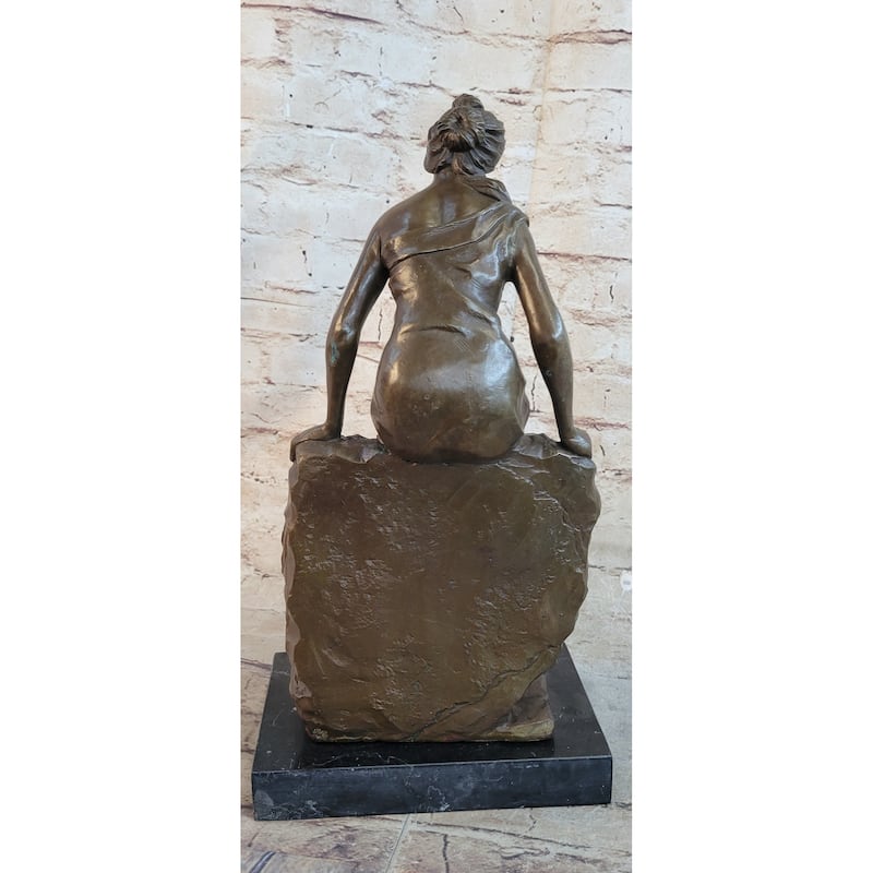 Classical Woman Sitting On A Rock Wall Bronze Sculpture Statue Figure On Marble Base