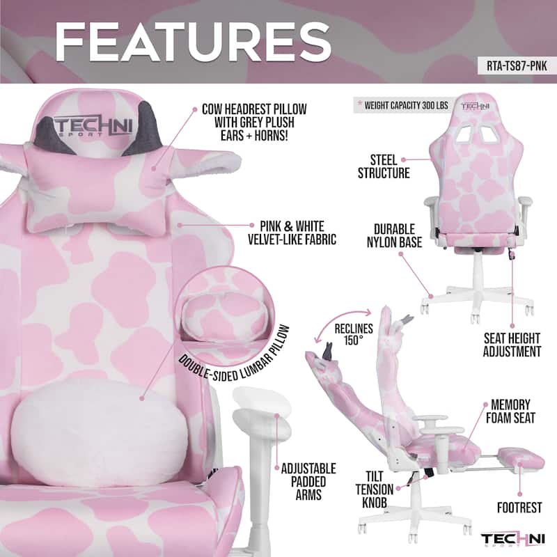 Gaming Chair With Footrest,Pink & White Cow Print Velvet-Like Fabric High-Quality Memory Foam Seat