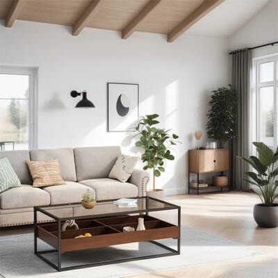 Rectangle Glass Coffee Table with Storage Shelf and Metal Table Legs