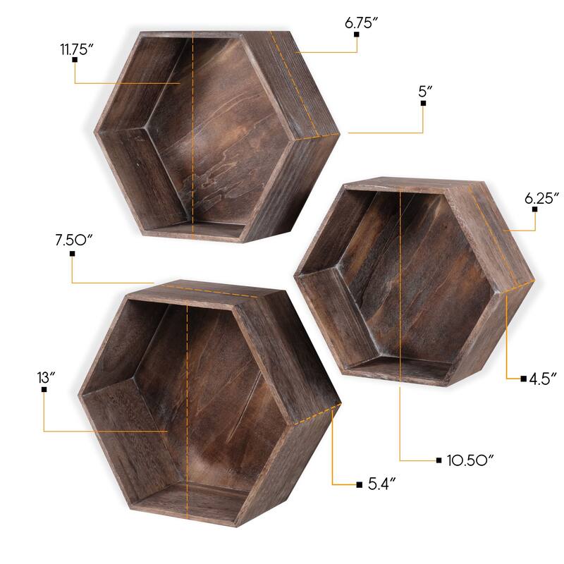 Rustic State Wall Mount Hexagon Wooden Box Shelf Varying Sizes - Pack of 3