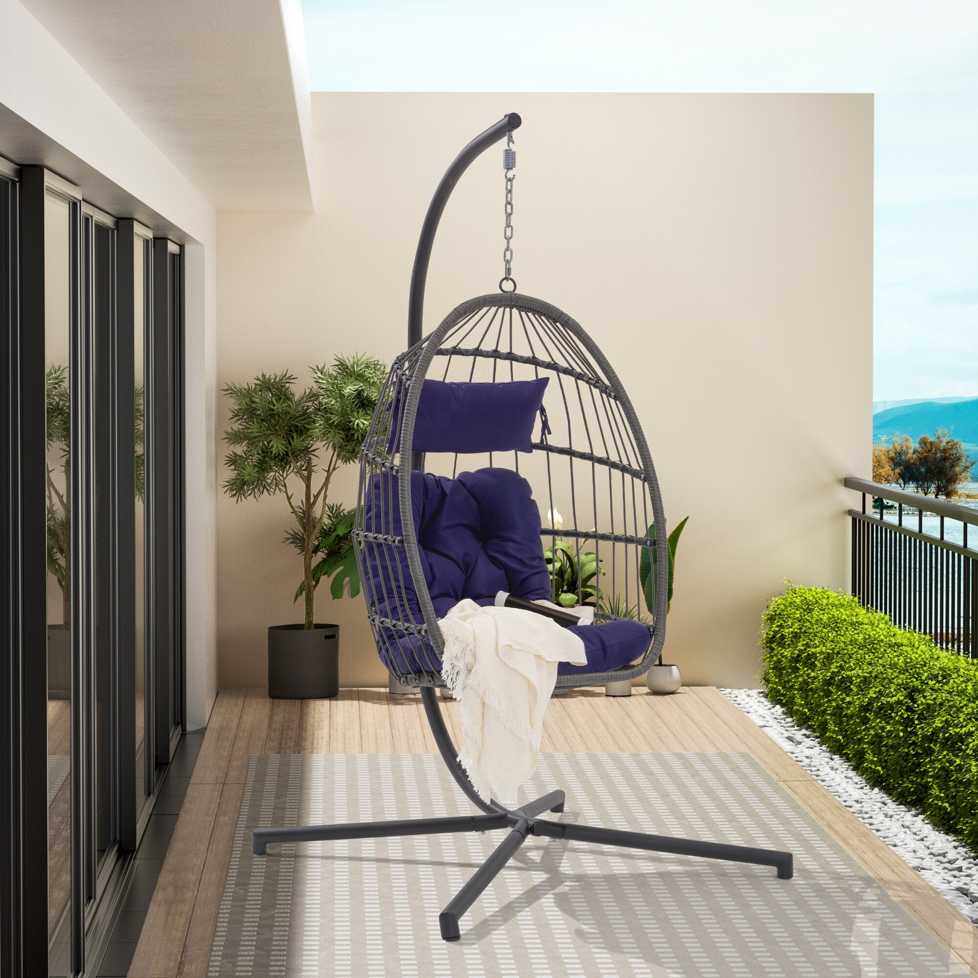 Outdoor Garden Egg Swing Chair Rattan Hanging Chair Portable Hanging Chair Egg Hanging Basket Single Seat Swing Chair Dark Blue