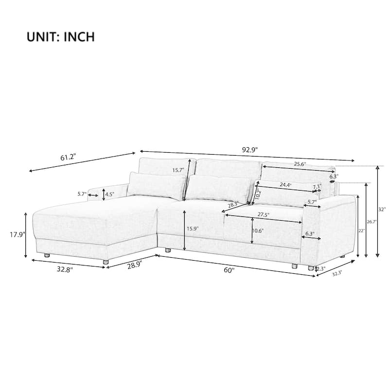 3 Seat Modular Sofa L-shaped Sectional Sofa, Deep Seat Couches with Removable Back Cushions and 3 Pillows for Living room