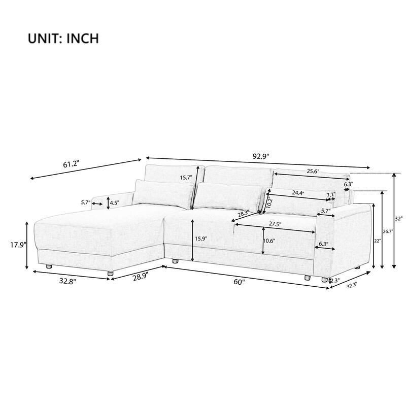 92.9" Linen L-Shaped Sectional Sofa with Removable Cushions