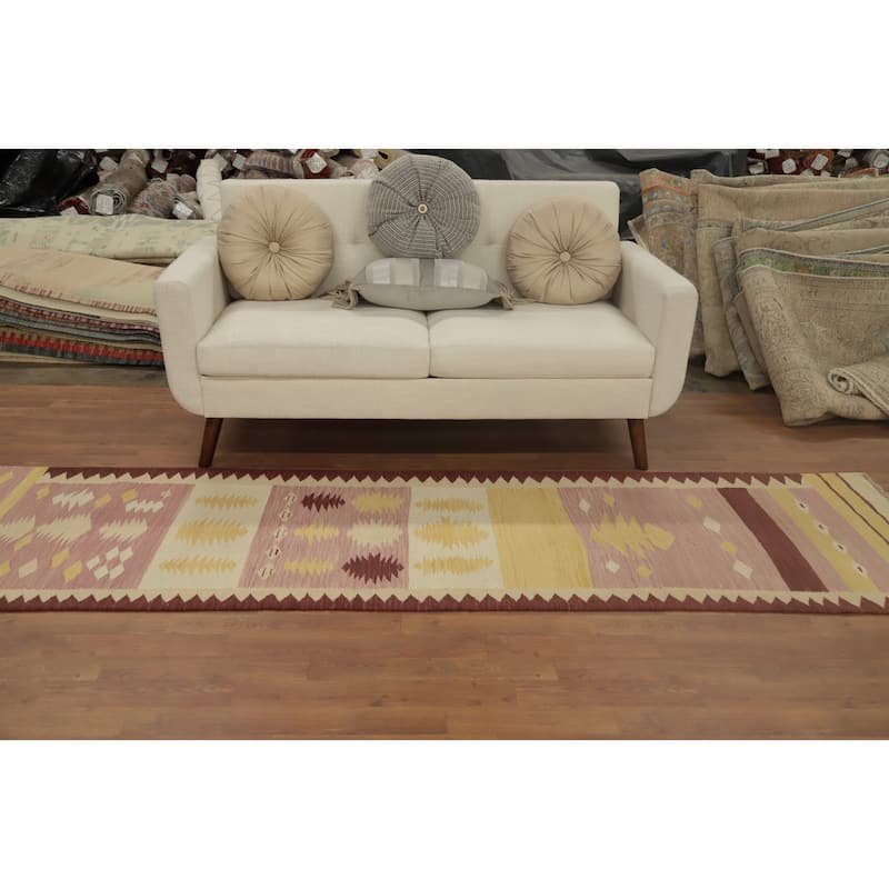 Hand Woven Oriental 100% Wool Carpet Southwestern Tribal Pink Kilim Runner Rug - 9' 8'' X 2' 8''