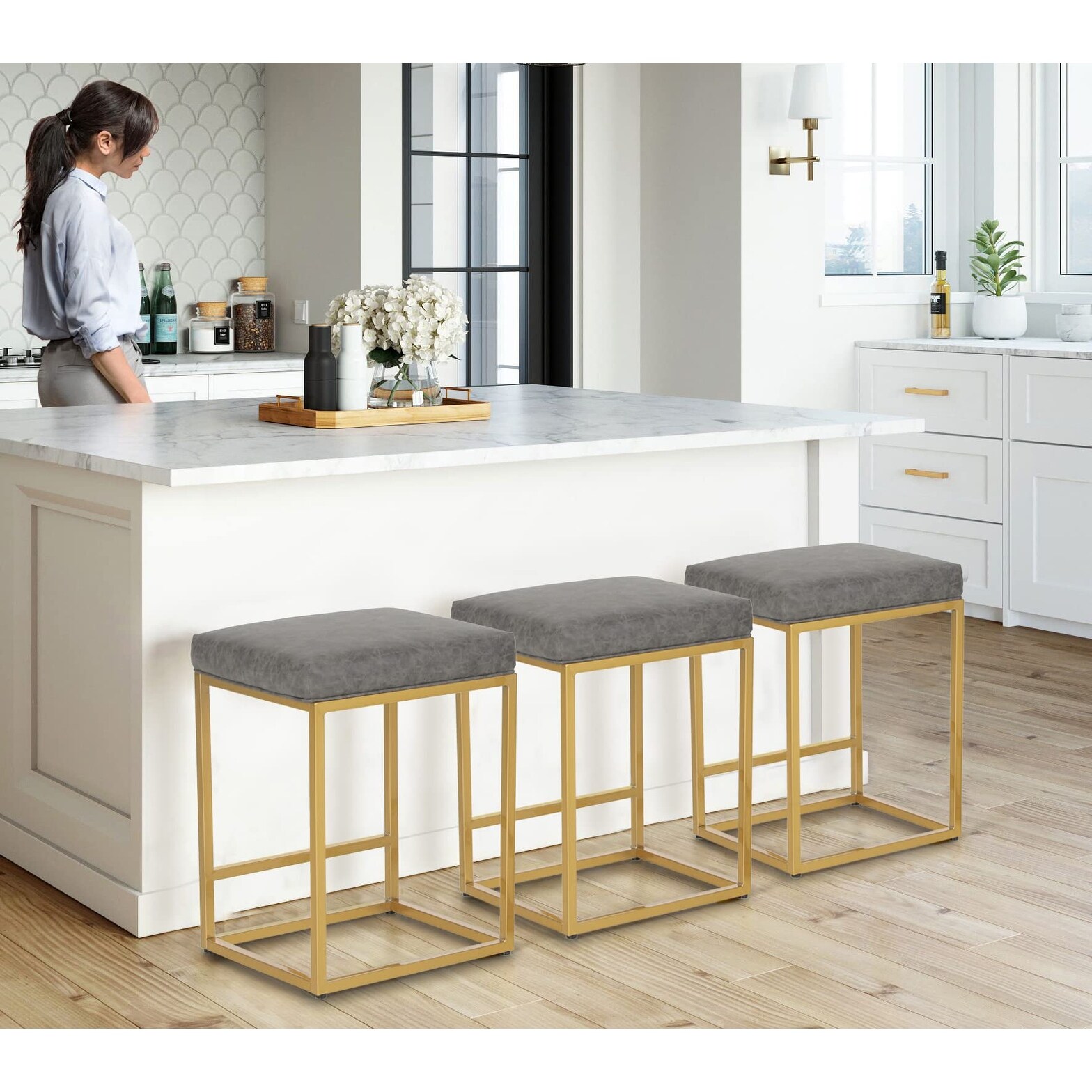 Gold Counter Height Bar Stools Set of 3 Modern Barstools Upholstered