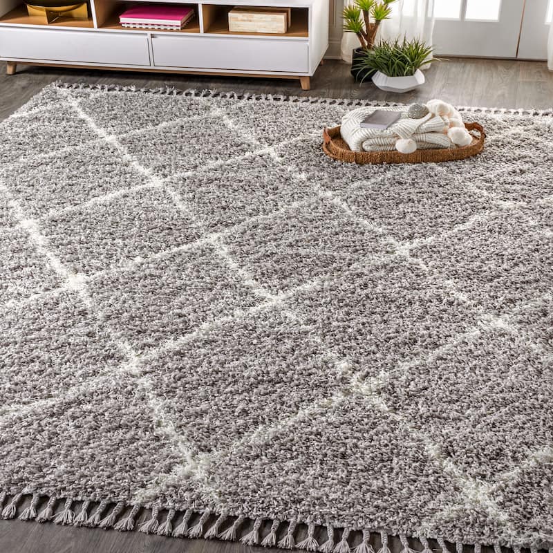 JONATHAN Y Modern Shag Plush Tassel Moroccan Geometric Trellis Area Rug